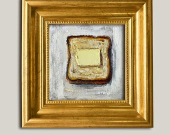 Buttered Toast Oil Painting Textured Small Canvas 4×4 Gold Framed Breakfast Food Art for Kitchen Shelf Wall Decor Gift for her or him