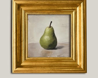 Mini Pear Still Life 4×4 Original Oil on Canvas Gold Framed Small Artwork Fruit Wall Decor Kitchen Art for Hallway or Nook Gift for Her