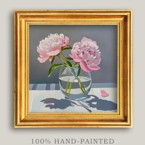 Paeonia Lactiflora in vaso di vetro, dipinto a olio, opera d&#39;arte floreale, natura morta, arte floreale moderna e realistica, per galleria o regalo di nozze.
