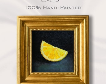 Lemon Oil Painting Yellow Citrus Artwork Lemon Slice Small Oil Painting Fruit Still Life Black Wall Art for Kitchen Gift for Her or Him