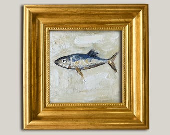 Sardine Oil Painting Textured Small Canvas Realistic Seafood Still Life Art for Kitchen or Coastal Wall Decor 4×4 Gold Framed Birthday Gift