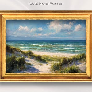 Seascape Beach Oil Painting Framed Vintage Original Artwork Ocean Waves Sand Dunes Blue Sky Coastal Landscape Wall Art Gift For Ocean Lover