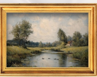 Large Ducks in Stream Oil Painting Vintage Framed Landscape Art Hand Painted Nature Artwork for Living Room or Office Gift for Nature Lovers