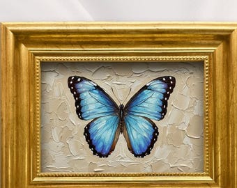 Pintura al óleo de mariposa azul, pequeña obra de arte enmarcada, marco dorado vintage, arte en lienzo mini pintado a mano