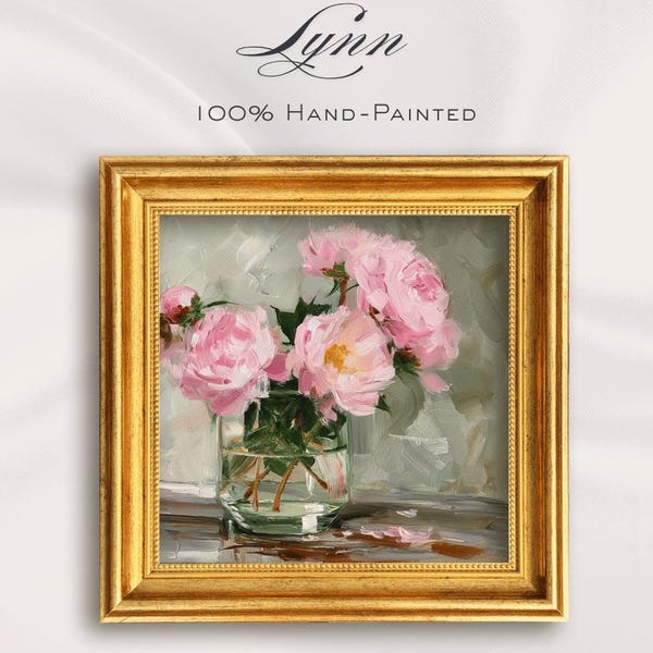 Pink Peonies in Glass Vase Oil Painting Hand-Painted Flower Textured Floral Still Life Artwork Entryway Art Wall or Gift for Mom Modern art