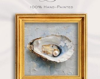 Oyster Shell Oil Painting with Pearl Hand-painted Coastal Wall Art Impasto Textured Canvas with Ivory White, Creamy Beige and Neutral Tones