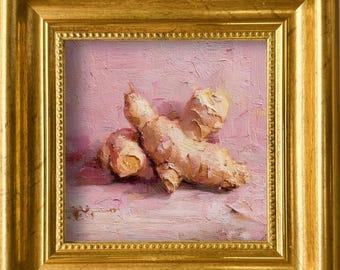Pintura a óleo de gengibre sobre tela, arte culinária texturizada, decoração de parede para cozinha pequena