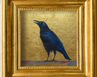 カラスの油絵 金箔キャンバス 鳥のアートワーク 黒いカラスの動物の壁アート 廊下やオフィスに 夫への贈り物に