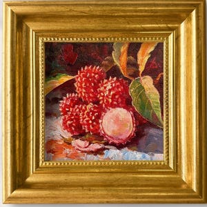 Lychee Oil Painting Tropical Fruit Art on Canvas Red Food Artwork Green Leaves Mini Wall Decor for Kitchen Dining Room Gift For Friends