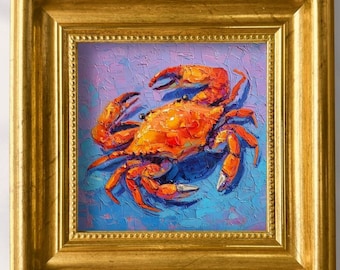 Crab Oil Painting Textured Animal Art Impasto Orange Seafood Art Coastal Canvas for Kitchen Dining Room or Beach House Wall Decor Gift