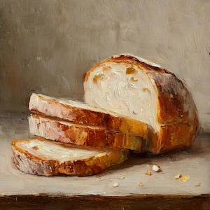 May include: Oil painting of a loaf of bread, partially sliced. The bread has a golden-brown crust and a light interior. Three slices are in the foreground, with the rest of the loaf behind. The painting has a textured, painterly style.