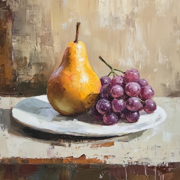 Pear and Grapes Still Life Oil Painting Fruit Canvas Art Kitchen Wall Decor Natural Artwork for Dining Room or Housewarming Gift