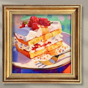 Strawberry Cake and Cream in Bright Colors Colorful Dessert Art Sweet Food Painting Modern Still Life Original Oil Painting Art for Kitchen