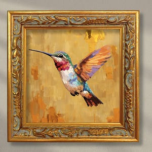 Flying hummingbird hand-painted oil painting vivid wildlife art for office or bedroom wall decor gift for her yellow tones  bookshelf decor