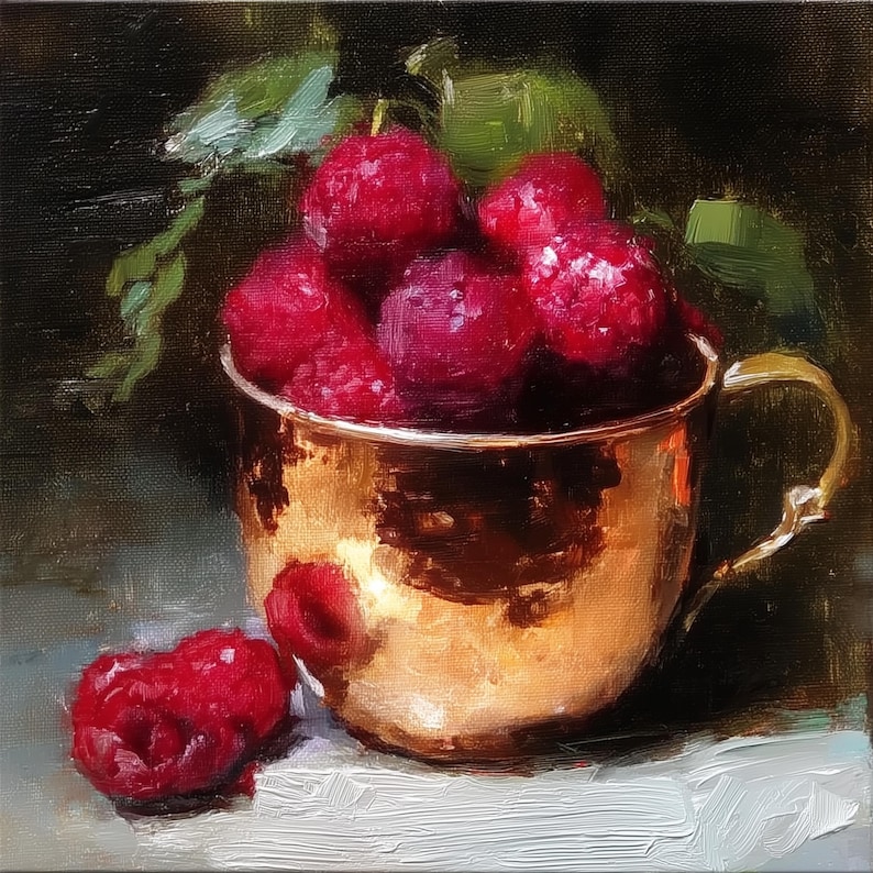 Vintage Raspberry Themed Decor Antique Framed Vintage Oil Painting of Raspberries in Copper Cup Small ...
