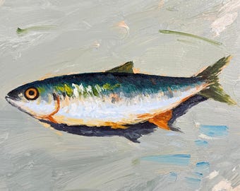 Single Fish Still Life Oil Painting Detailed Seafood Canvas Art Coastal Kitchen Wall Decor Marine Theme Artwork for Dining Room Gift