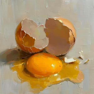 Könnte beinhalten: Ein Ölgemälde zeigt eine zerbrochene Eierschale und ein leuchtend orangefarbenes Eigelb auf einer hellgrauen Oberfläche. Die Eierschale hat eine warme, hellbraune Farbe, und das Eigelb ist leuchtend orange. Das Gemälde hat einen texturierten, malerischen Stil.