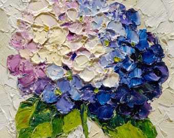 Abstract Floral Oil Painting Blue Purple Hydrangea Palette Knife Texture Hand Painted Botanical Wall Art Gift For Mother Wife Art Decor