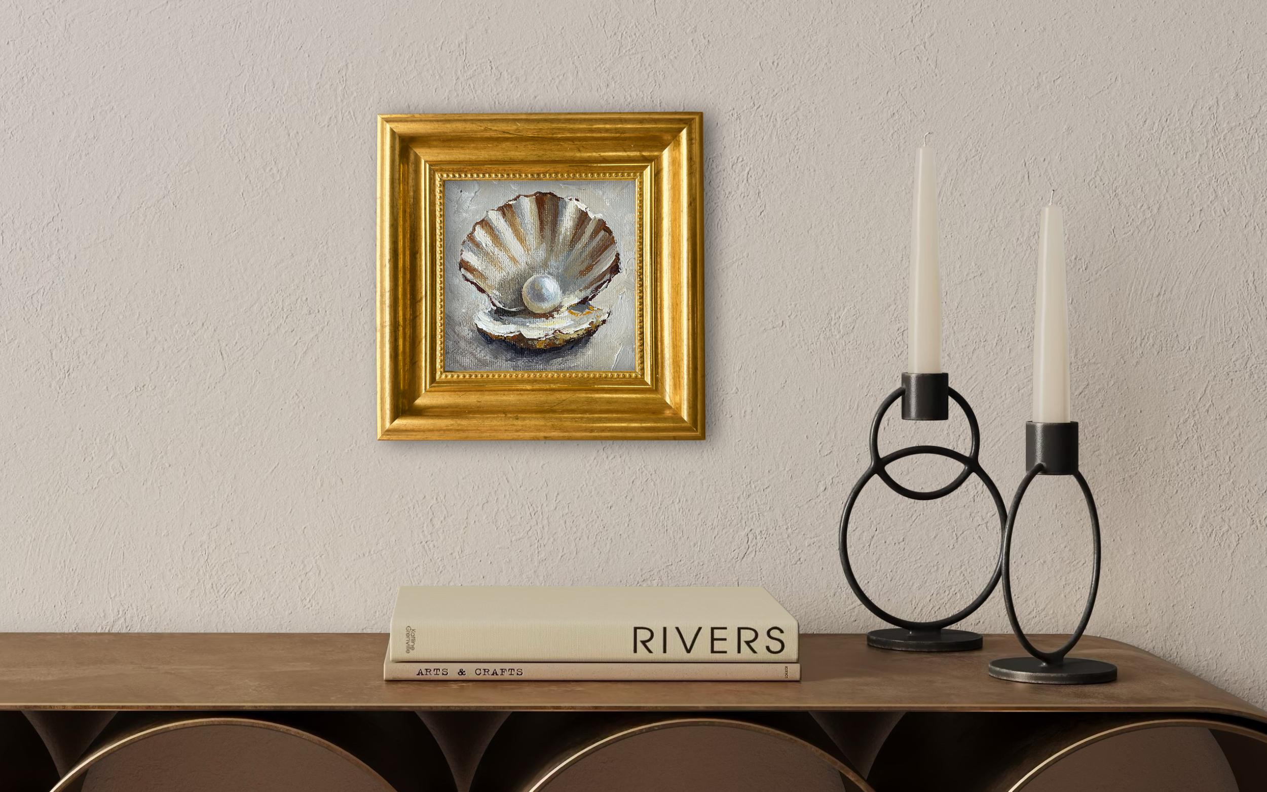 Pearl in Oyster Shell Oil Painting Textured Small Canvas Impasto Style ...