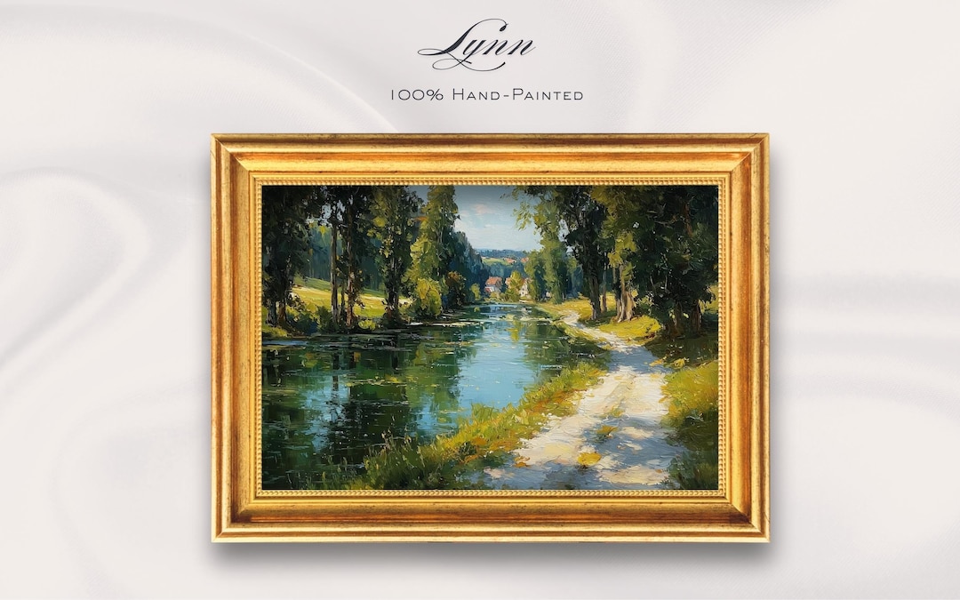 Vintage Landscape Oil Painting River Path Green Nature Artwork Framed ...