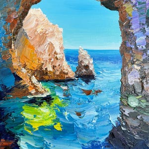 Coastal Rock Arch Oil Painting Impasto Ocean View Through Cave Original Textured Seascape Palette Knife Artwork Blue Sea Wall Art Decor