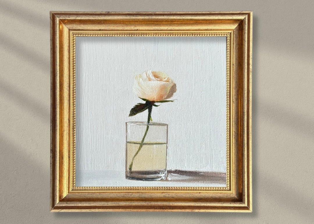 White Rose in a Clear Glass Still Life Original Oil Painting Cream ...