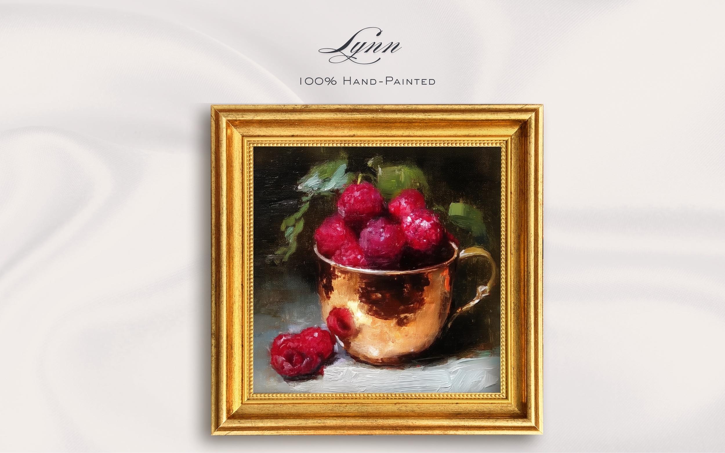 Vintage Raspberry Themed Decor Antique Framed Vintage Oil Painting of Raspberries in Copper Cup Small ...