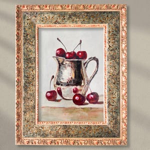 Cherries in Silver Jug Original Oil Painting Realistic Fruit Still Life on Canvas Hand-painted Kitchen Wall Art Mini Vintage Style Red Decor