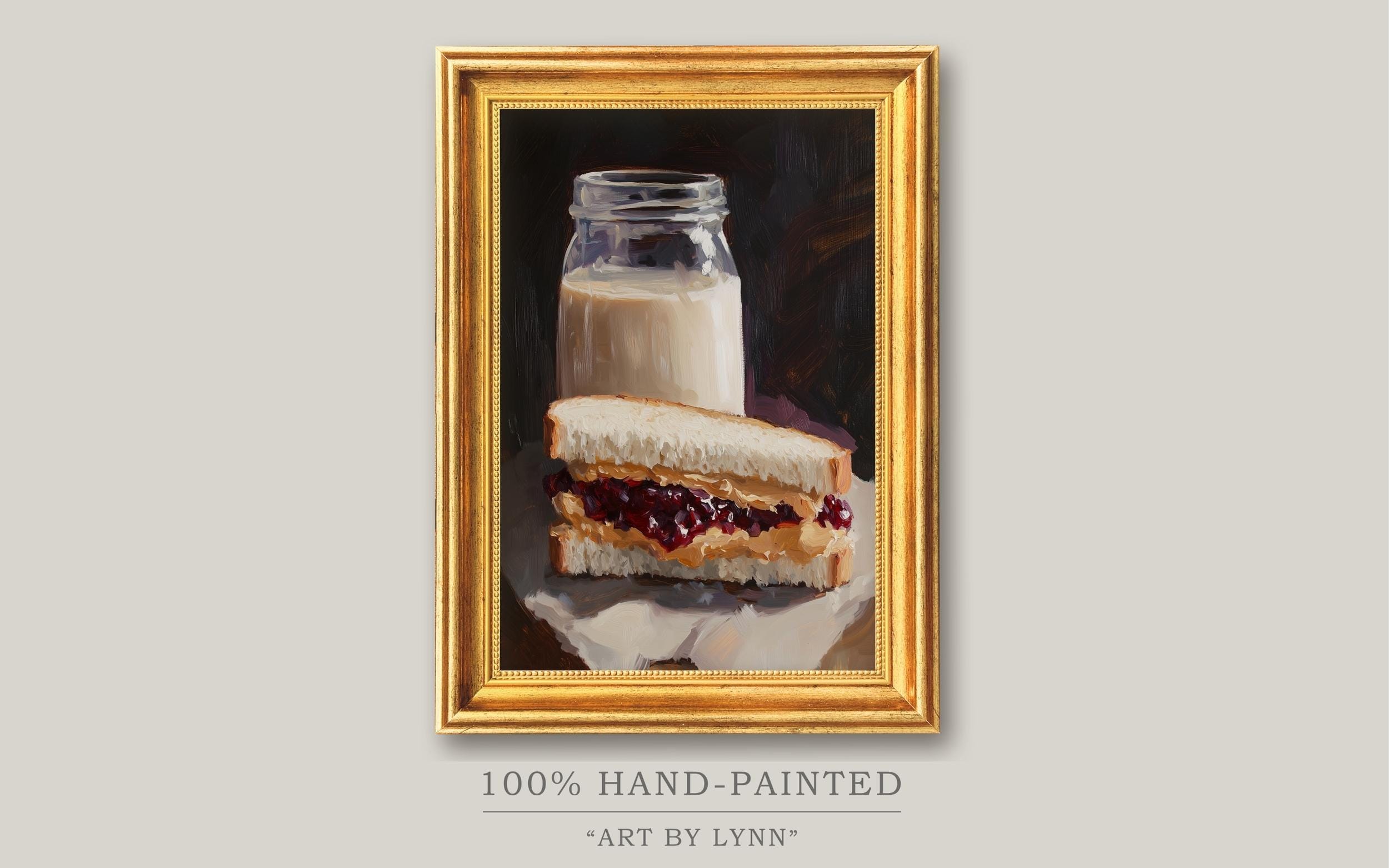 Peanut Butter and Jelly Sandwich Oil Painting on Canvas Handmade Milk Jar and Sandwich Still Life Artwork for Breakfast Nook Gift for Friend