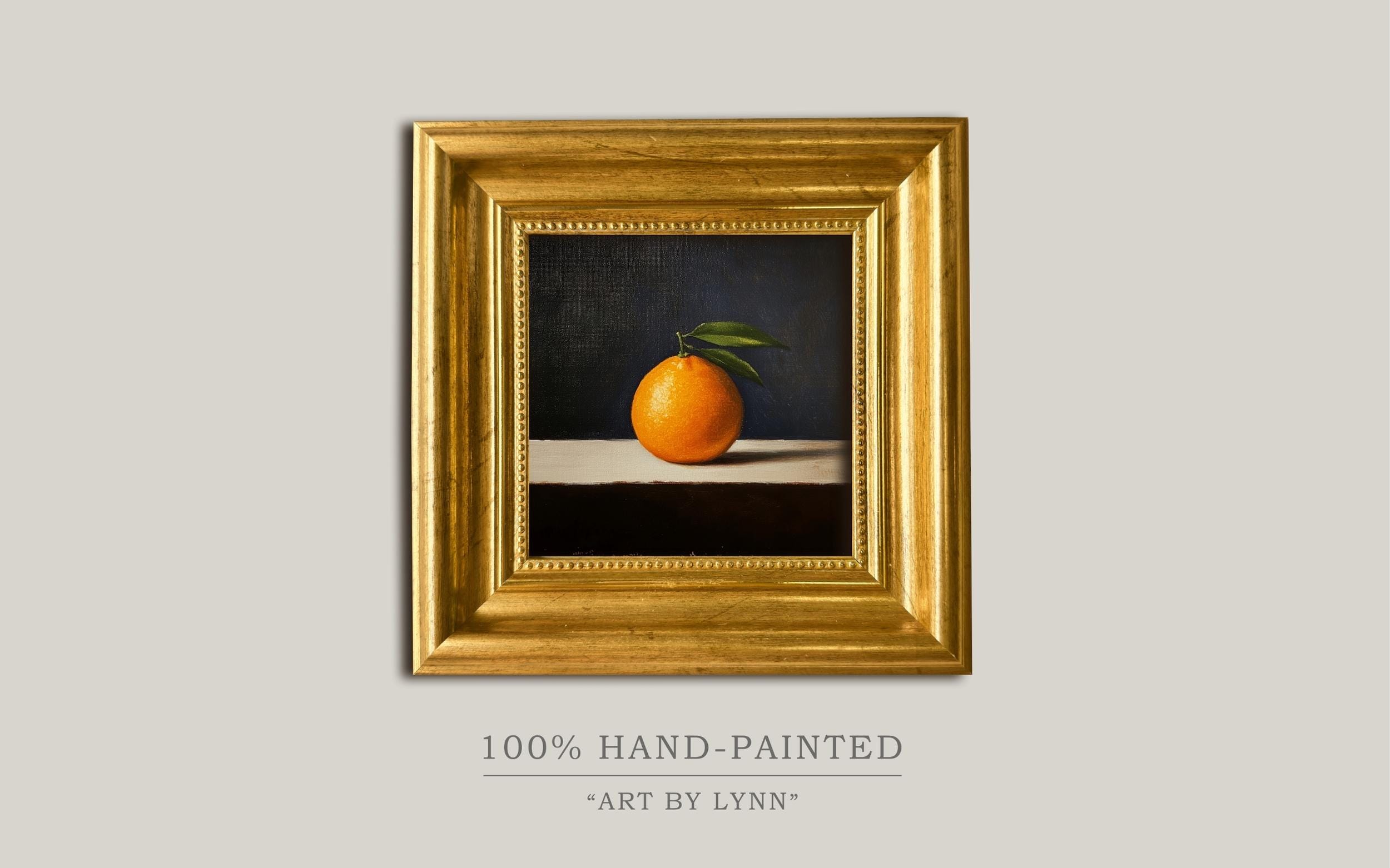 Orange with Leaf Oil Painting on Canvas 4×4 Gold Framed Mini Fruit Wall Art Citrus Still Life for Kitchen or Entryway Gift for daughter