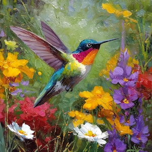 May include: A colourful painting of a hummingbird in flight amidst flowers. The bird displays iridescent blue, green, and red feathers. Yellow, purple, red, and white flowers are in the foreground, set against a green backdrop.