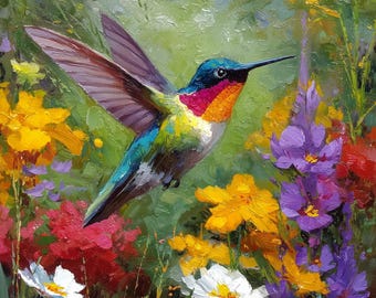 カラフルなハチドリの油絵 抽象的な花の鳥のアート 鮮やかなインパストガーデン自然壁アート 鳥好きの方へのギフト ホームデコレーション モダン