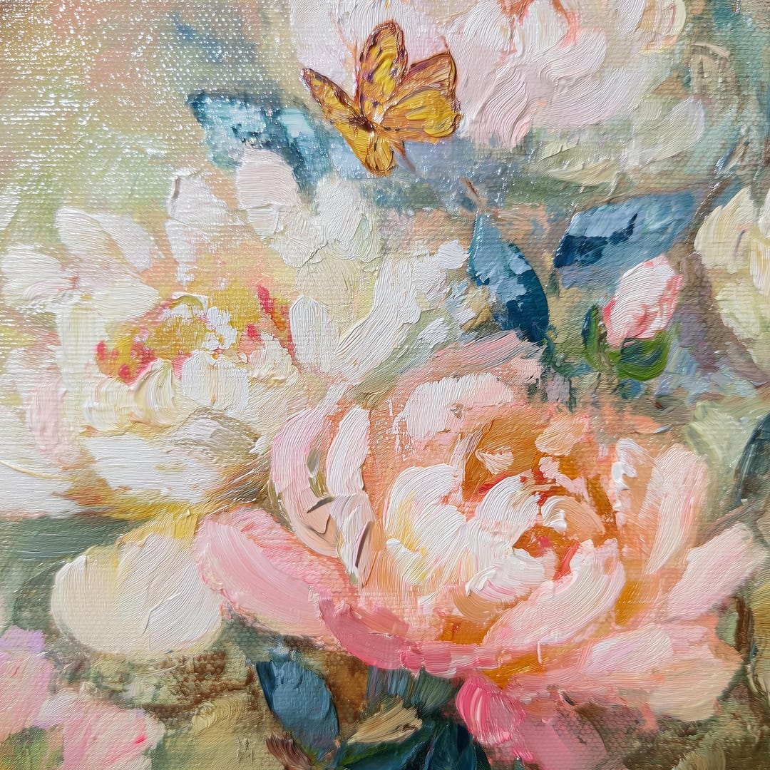 Peony Oil Painting Original Textured Pink and Cream Flower Art Pastel ...