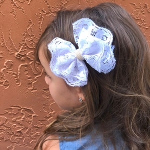 Pink, white, black, and blue lace bow, for girls, babies, and youth