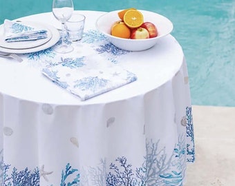 French Wipe Clean Blue and Turquoise Coral Tablecloth and 6 Napkins
