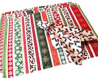 Red, Green and Gold Striped Holiday Placemats and Napkins, Set of 4