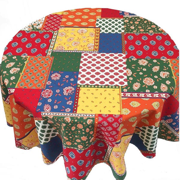 Colorful French Country Coated Faux Patchwork Tablecloth, Primary Colors Tablecloth