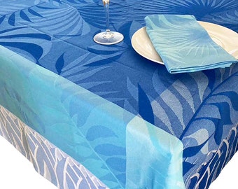 Tropical Water and Stain Resistant Shades of Blue Palm Leaves Tablecloth and Napkins