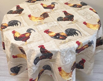 French Country Coated Tablecloth, 60" Round Tablecloth, Rooster Tablecloth