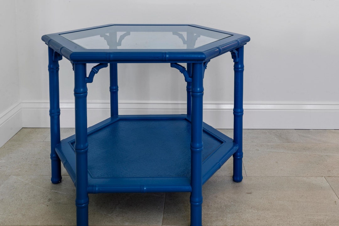 Image showcasing Hexagon Vintage Rattan Table With Glass Top - Etsy