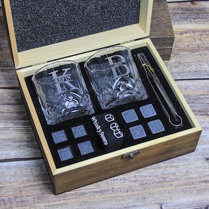 Personalized Whiskey Glass Set with Wooden Box