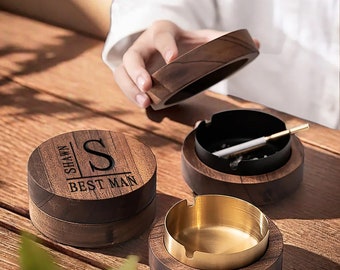 Cenicero personalizado de regalo para fumadores, cenicero vintage de madera hecho a mano con tapa, regalo para padrinos de boda, regalo para padrinos de boda, regalo para papá y novio.