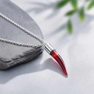 May include: A silver-toned chain necklace featuring a pendant shaped like a curved horn. The pendant is made of a translucent, deep red material and is capped with a polished silver-toned metal fitting at the top where it connects to the chain.