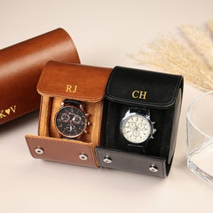 Aangepaste leren horlogedoos met monogram, luxe leren horlogekast op rol voor horloges, gepersonaliseerde leren horlogekast, Vaderdagcadeaus