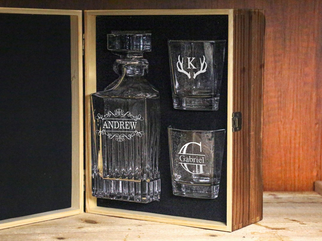Personalized Whiskey Decanter Set With Wood Box, Custom Whiskey Glasses ...