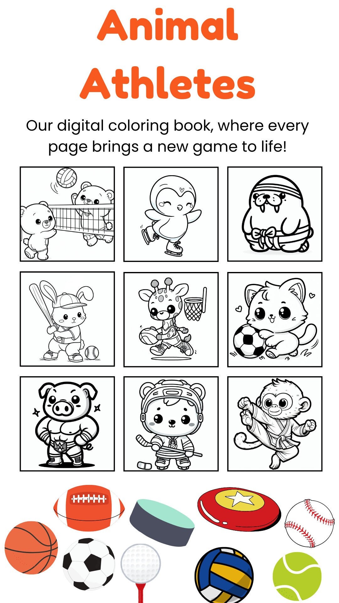 Animal Athletes 20 Page Digital Coloring Book of Cute Animals Playing