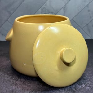 May include: A yellow ceramic jar with a lid, set against a neutral background. The jar has a rounded shape with a small handle on the side. The lid is slightly ajar, revealing the interior of the jar. The overall design is simple and functional.