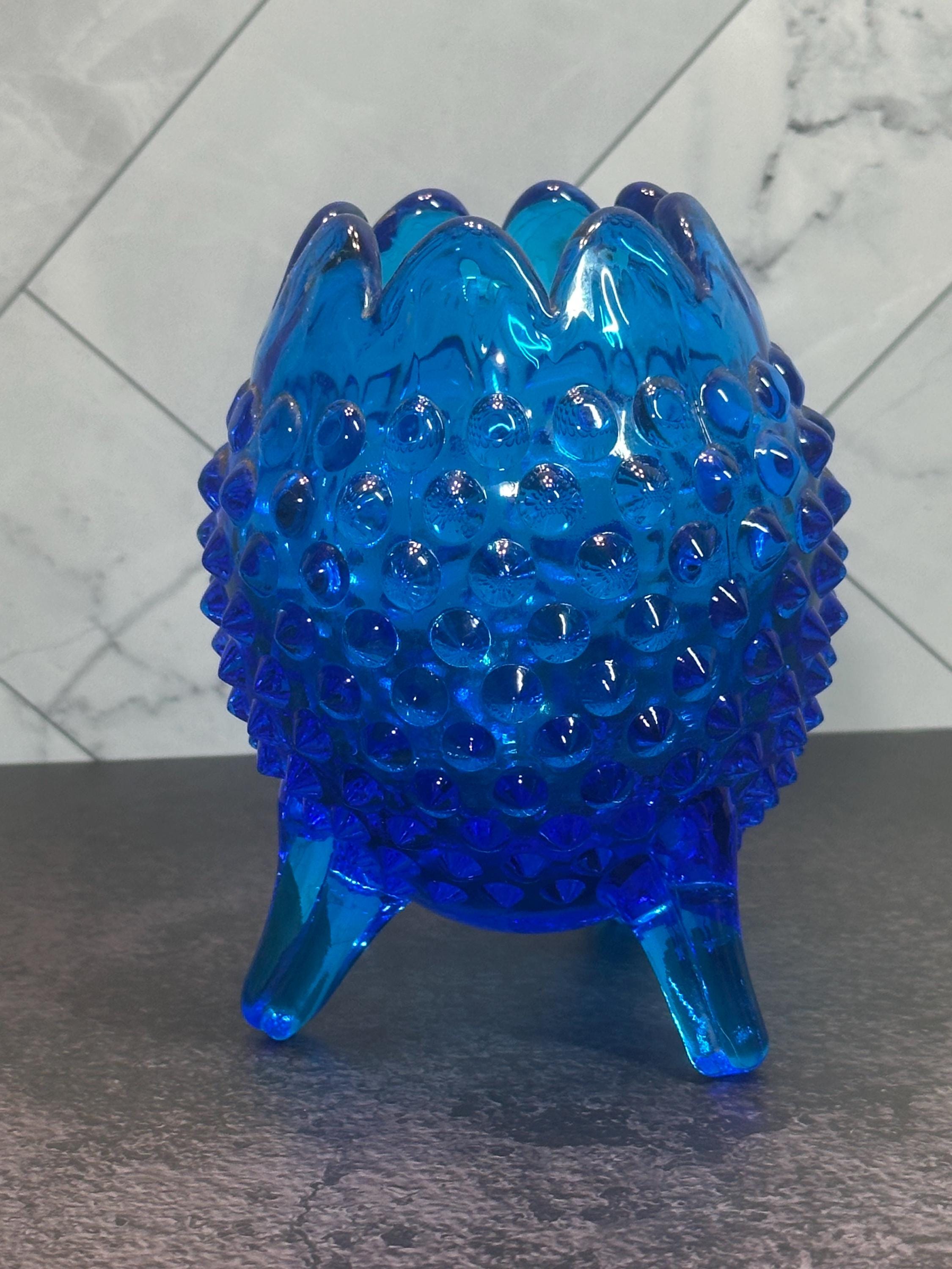 Fenton Colonial Cobalt Blue Hobnail 3-footed Crimped Vase Vintage