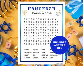 Hanukkah Word Search Game | Chanukah Party Printable Activity for Kids, Adults, Seniors | Word Puzzle Brain Game & Answer Key