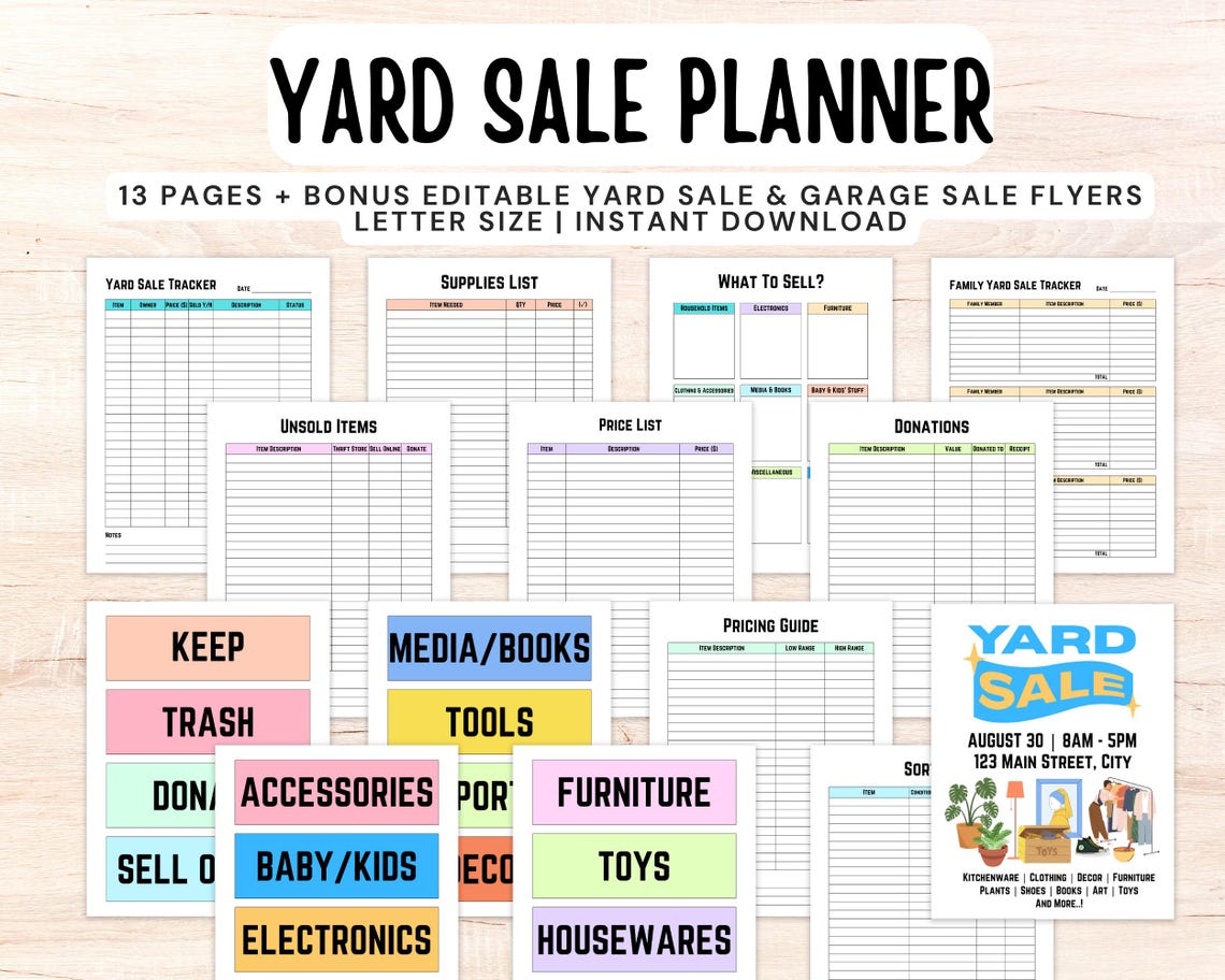 13-page Yard Sale Planner Printable Bundle | Garage Sale Checklist ...
